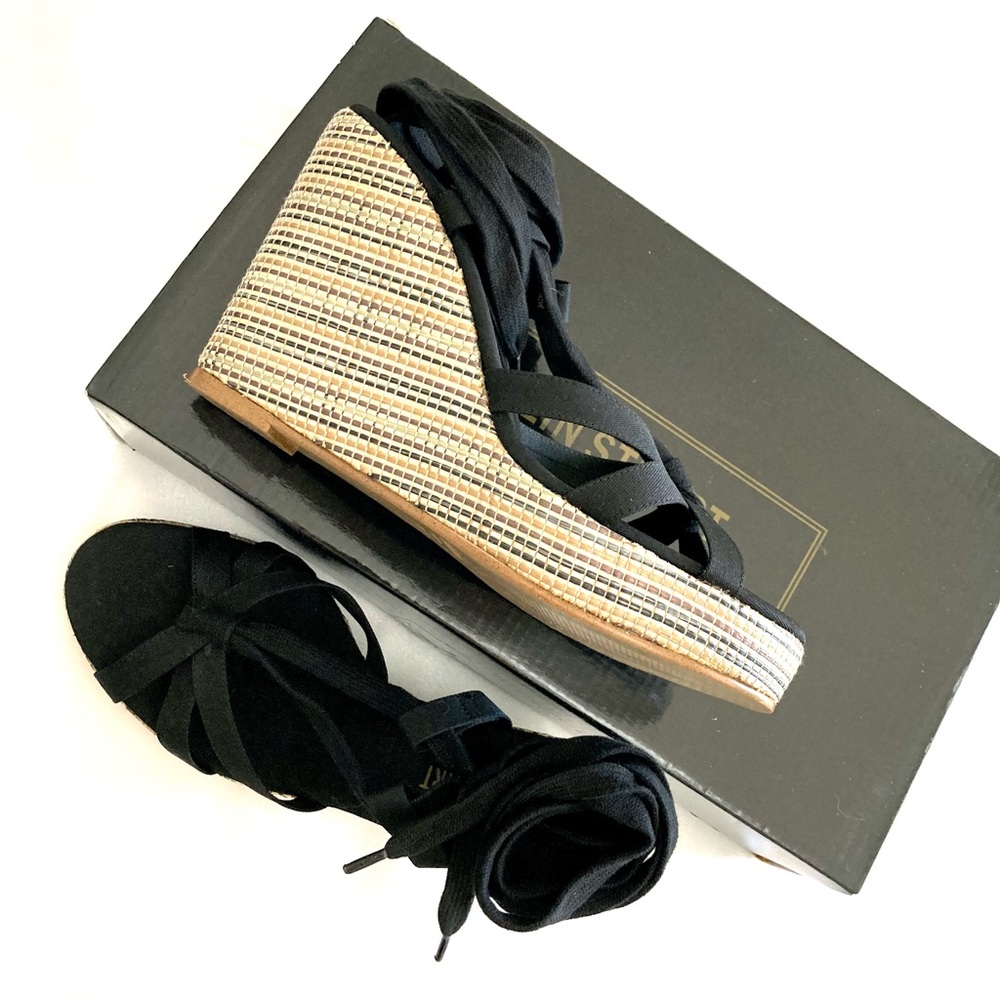 Ankle-wrap black wedges sandals. Victoria's Secret brand.